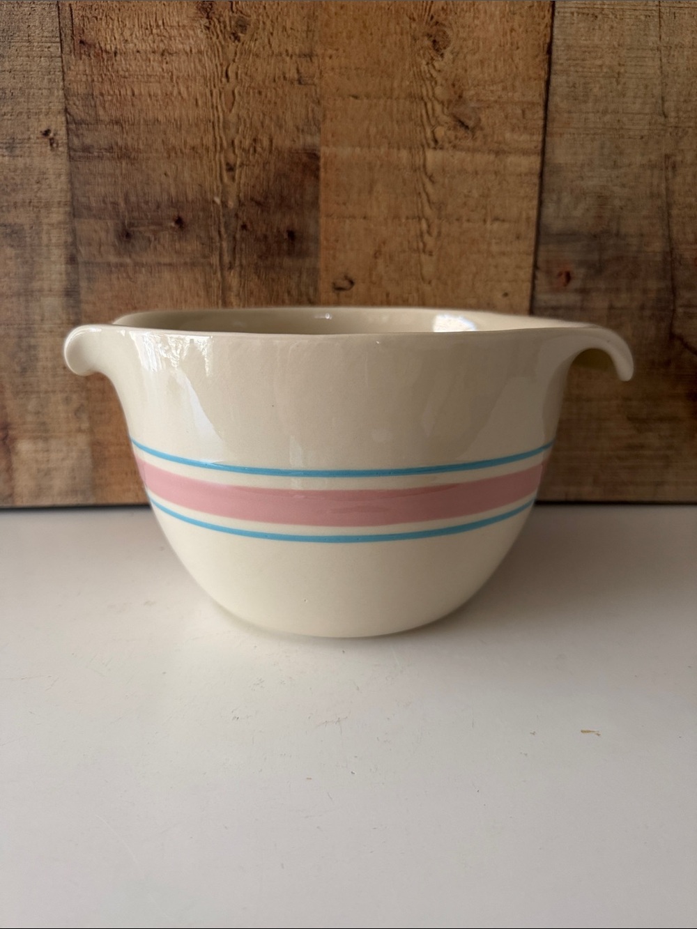 VTG McCoy Pottery Model 129~ 2 Quart Cream Batter Bowl Pink and Blue Stripe